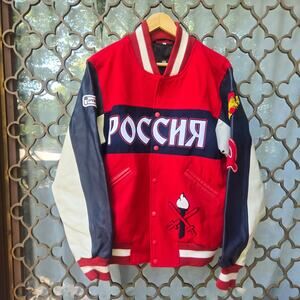 NWT Opening Ceremony Unisex Russia Varsity Jacket L Red Flag Patch Wool Leather